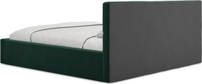 Pat matrimonial verde închis tapițat din catifea cu spațiu de depozitare cu somieră 140x200 cm Hiko – Makamii