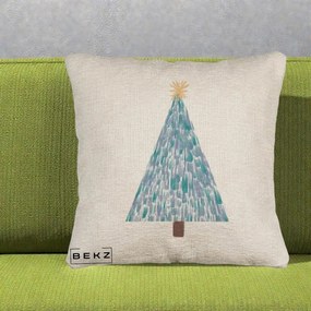 Perna Decorativa Brad de Craciun Acrilic Albastru, 40x40 cm, Bej Canapea, Husa Detasabila, Perna Inclusa, BEKZ®