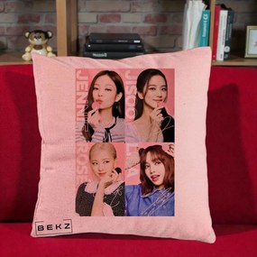 Perna Personalizata K-pop BLACKPINK Colaj 4 Portrete cu Semnature, 40x40 cm, Roz, Husa Detasabila, Perna Inclusa, BEKZ®