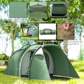 Cort Camping 4 Persoane Outsunny, Impermeabil, Usi cu fermoar 426x206x154cm Verde Inchis | Aosom Romania