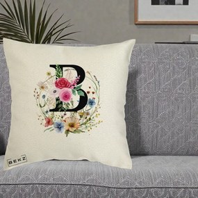 Cadou Personalizat - Perna Personalizata Monogram Litera B cu Flori Acuarela, 40x40 cm, Ecru, Husa Detasabila, Perna Inclusa, BEKZ®