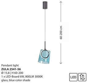 Pendul modern LED 3000K, inaltime reglabila, sticla, albastru, Zula