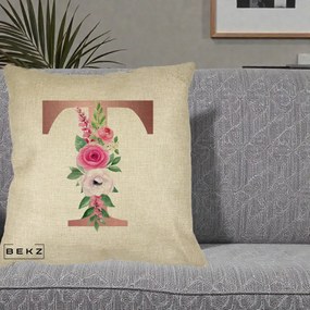 Cadou Personalizat - Perna Personalizata Monograma Rose Gold Litera T, 40x40 cm, Crem, Husa Detasabila, Perna Inclusa, BEKZ®
