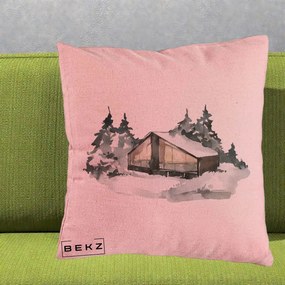 Perna Decorativa Cabana de Iarna in Padure, 40x40 cm, Roz, Husa Detasabila, Perna Inclusa, BEKZ®