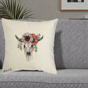 Perna Decorativa Craniu Boho Floral, 40x40 cm, Ecru, Husa Detasabila, Perna Inclusa, BEKZ®