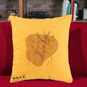 Perna Decorativa Femeie cu Flori Line Art Boho, 40x40 cm, Galben, Husa Detasabila, Perna Inclusa, BEKZ®