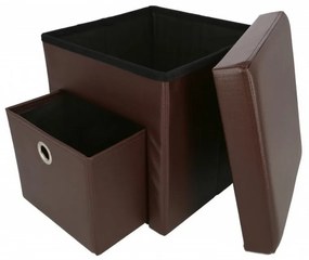 Taburet cu cutie de depozitare si sertar HouseXL™ 6100, Dimensiuni 38X38X38cm, Max 150 kg, Capac moale din piele ecologica, Maron