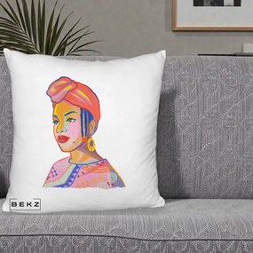 Perna Decorativa Portret Femeie Africana, 40x40 cm, Alb Pufos, Husa Detasabila, Perna Inclusa, BEKZ®