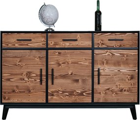 Comodă lemn masiv Timeless 3 Sertare 3 Uși Negru, 146 × 45 × 85 cm