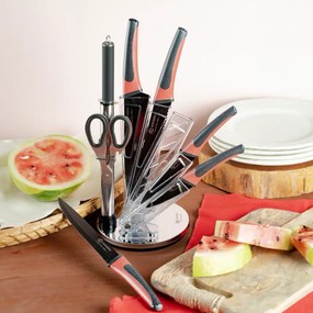 Set de cutite Edenberg EB-952, 8 piese, Otel carbon, Foarfeca, Ascutitor, Suport acrilic, Negru/Rosu
