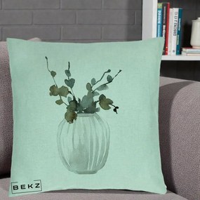Perna Decorativa Vaza cu Eucalipt Watercolor, 40x40 cm, Verde Menta, Husa Detasabila, Perna Inclusa, BEKZ®