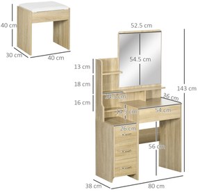 HOMCOM Set de coafare masa de machiaj cu taburet tapitat mare oglinda + rafturi deschise multiple + 4 sertare lemn natural | Aosom Romania