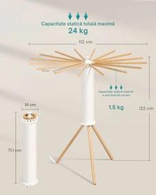 Uscător rotativ de rufe AIRYWOOD cu brațe din lemn, Ø112x122 cm, maro natura SongmicsHome