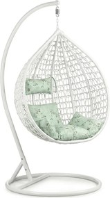 Scaun suspendat alb KOKON cu suport, perna verde deschis cu model
