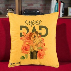 Cadou pentru Tata - Perna Personalizata Super Dad Tata cu Fetita si Flori, 40x40 cm, Galben, Husa Detasabila, Perna Inclusa, BEKZ®