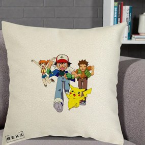 Perna Personalizata Pokemon Ash Misty Brock si Pikachu, 40x40 cm, Ecru, Husa Detasabila, Perna Inclusa, BEKZ®
