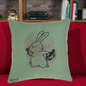 Perna Decorativa Iepuras Kawaii cu Cosulet Floral, 40x40 cm, Verde, Husa Detasabila, Perna Inclusa, BEKZ®