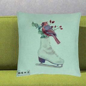 Perna Decorativa Cardinal Rosu pe Patina de Gheata, 40x40 cm, Verde Menta, Husa Detasabila, Perna Inclusa, BEKZ®