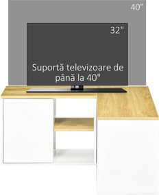 Dulap TV în formă de L pentru televizor de 40" cu 3 rafturi deschise și 2 dulapuri, din PAL, 90x90x45 cm, stejar și alb HOMCOM | Aosom RO