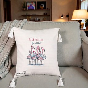 Perna Decorativa Flamingo Craciun Sarbatoarea Familiei, 40x40 cm, Bej cu Franjuri, Husa Detasabila, Perna Inclusa, BEKZ®