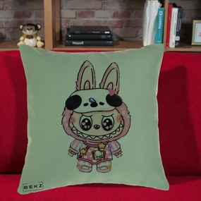 Perna Personalizata Labubu Panda-Bunny Roz, 40x40 cm, Verde, Husa Detasabila, Perna Inclusa, BEKZ®