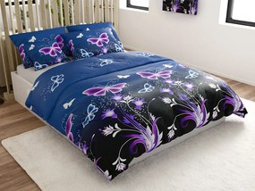 Set 2 buc Lenjerie cocolino VIOLET BUTTERFLY albastru inchis + Cearsaf Cocolino microplus cu elastic SOFT 180x200 cm alb, pat dublu