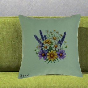 Perna Decorativa Lavanda Musetel si Flori Mov, 40x40 cm, Verde, Husa Detasabila, Perna Inclusa, BEKZ®
