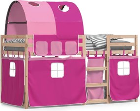vidaXL Pat supraetajat cu perdele, roz, 90x190 cm, lemn masiv pin