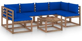 Set mobilier gradina paleti cu perne, 7 piese, lemn pin tratat Albastru, 2x colt + 4x mijloc + masa, 1