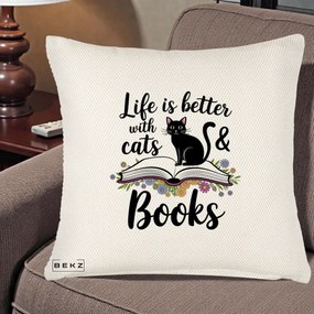 Perna Personalizata Life is Better Cats and Books, 40x40 cm, Crem Reliefat, Husa Detasabila, Perna Inclusa, BEKZ®