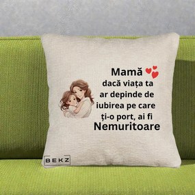 Cadou pentru Mama - Perna Personalizata Mama Nemuritoare cu Balon Inima, 40x40 cm, Bej Canapea, Husa Detasabila, Perna Inclusa, BEKZ®
