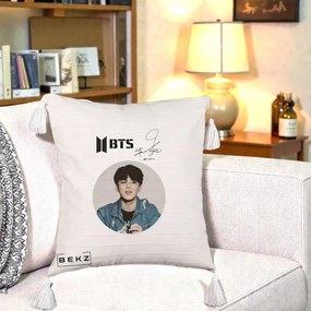 Perna Personalizata K-pop BTS Jimin Portret Cerc Autograf Geaca, 40x40 cm, Bej cu Franjuri, Husa Detasabila, Perna Inclusa, BEKZ®