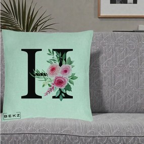 Cadou Personalizat - Perna Personalizata Monograma Florala Litera H cu Trandafiri Roz, 40x40 cm, Verde Menta, Husa Detasabila, Perna Inclusa, BEKZ®