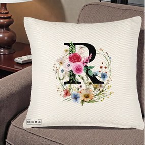 Cadou Personalizat - Perna Personalizata Monogram Litera R cu Flori Acuarela, 40x40 cm, Crem Reliefat, Husa Detasabila, Perna Inclusa, BEKZ®