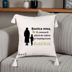 Cadou pentru Bunica - Perna Personalizata Bunica Mea Comoara cu Fluture si Baietel, 40x40 cm, Bej cu Franjuri, Husa Detasabila, Perna Inclusa, BEKZ®