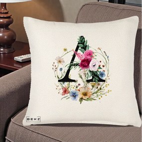 Cadou Personalizat - Perna Personalizata Monogram Litera A cu Flori Acuarela, 40x40 cm, Crem Reliefat, Husa Detasabila, Perna Inclusa, BEKZ®