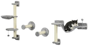 PawHut Copac de pisici complet pe perete cu 4 piese hamac, panglică, platformă de sărit, stâlp din sisal și scară pluș gri | Aosom Romania