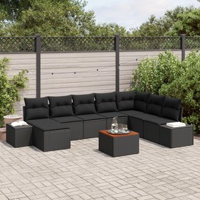vidaXL Set de canapea de grădină , 9 piese, cu perne, ratan sintetic negru, piatră acacia