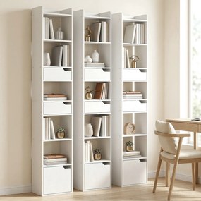 HOMCOM Bibliotecă verticală cu 6 rafturi, 2 sertare și dulap, alb efect lemn | Aosom Romania