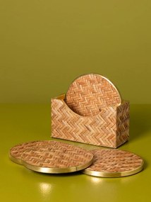 Set 4 suporturi pentru pahare din ratan împletit artizanal, bordură aurie, natur, 10 cm, „Rivan"