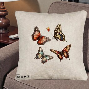 Perna Decorativa Colectie Fluturi Multicolori, 40x40 cm, Bej Canapea, Husa Detasabila, Perna Inclusa, BEKZ®