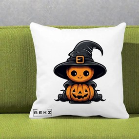 Perna Decorativa Halloween Dovleac Vrajitor Kawaii, 40x40 cm, Alba Mata, Husa Detasabila, Perna Inclusa, BEKZ®