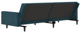 Canapea extensibila cu 2 locuri si taburet, albastru, catifea Albastru, Cu suport de picioare