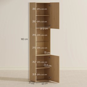 HOMCOM Dulap înalt pentru baie, corp coloană de depozitare 6 niveluri 2 uși și rafturi reglabile, 40x31x182cm, stejar | Aosom Romania