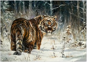 Tablou - Tigru într-o pădure înzăpezită, pictură în ulei (70x50 cm)