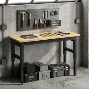 HOMCOM Masă de Lucru Reglabilă 122 cm, Blat Robust din Lemn de Cauciuc, 2 Prize AC și 2 Porturi USB, Panou Perforat, Capacitate 900 kg, pentru Garaj, Atelier și Casă | Aosom Romania