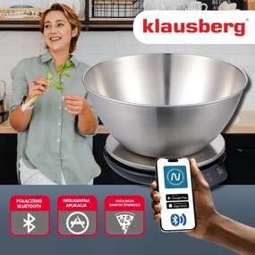 Cantar de bucatarie cu bol Klausberg KB 7939, 5 Kg, Bluetooth, Aplicatie mobila, LED, Tare, Lichide, 4 valori nutritive, Inox