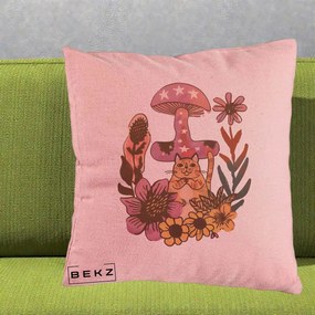 Perna Decorativa Ciuperca Pisica Boho, 40x40 cm, Roz, Husa Detasabila, Perna Inclusa, BEKZ®