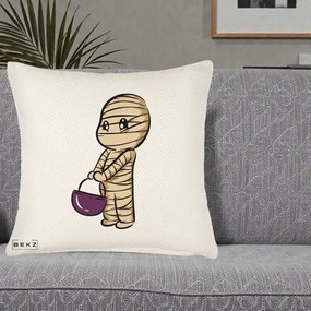 Perna Decorativa Halloween Mummy Kawaii cu Cos, 40x40 cm, Crem Reliefat, Husa Detasabila, Perna Inclusa, BEKZ®