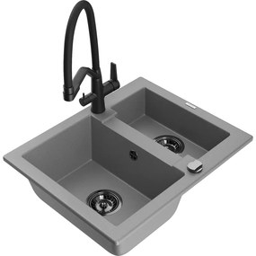Mexen Carlos chiuvetă de granit cu 1,5 cuve cu baterie de bucătărie Duo, gri - 6518-71-671701-70-B